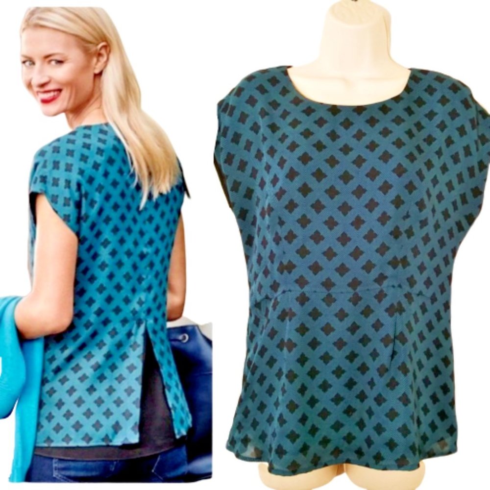 CAbi Womens XS Pacific Blue Foulard Peplum Blouse Short Sleeve Career Wear